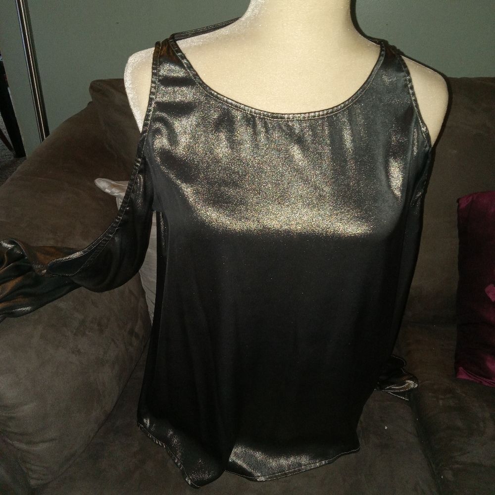 EXPRESS Metallic silver, cut out shoulder/upper arm, and flare cuff.